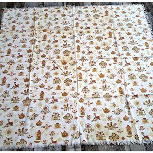 VTG Square Tablecloth Harvest Gold Red Rooster Teapot Flowers Fringe MCM 32"